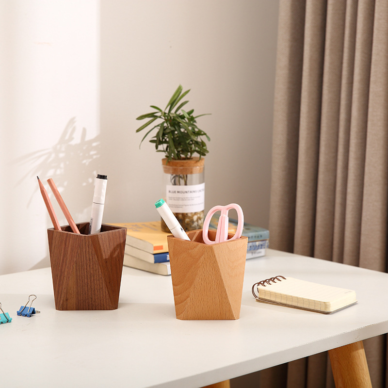 Desktop Creativity Solid Wood Pen Holder Storage Box Simple Modern Office Beech Walnut Pen Container Fixed Logo