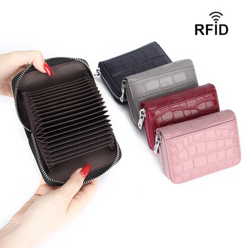 头层牛皮石头纹rfid防消磁信用卡套风琴真皮卡包多卡