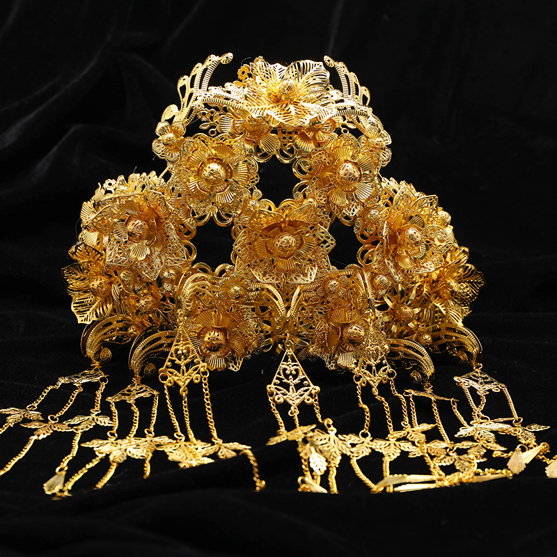 新娘头饰中式秀禾服头饰古金色发饰套装复古凤冠龙凤褂古代头饰