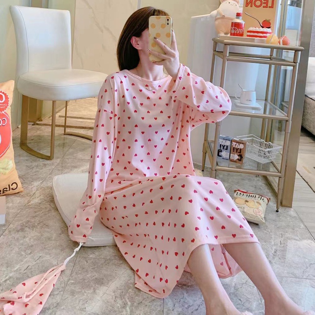 Pajamas Women's Spring and Autumn Cloth Bag Double Long-Sleeved Nightdress Casual Two-Piece Suit Sweet plus-Sized Loose Milk Silk Outer Single Skirt