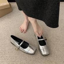 银色玛丽珍鞋圆头浅口女鞋2024年春季新款法式晚风配裙子平底单鞋