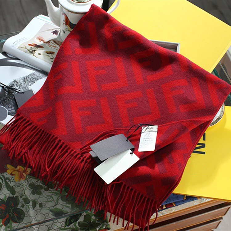 New Light Gray Fd Scarf Female F Cashmere Shawl Autumn and Winter Warm Wool Double F Letter Scarf Men's, Red