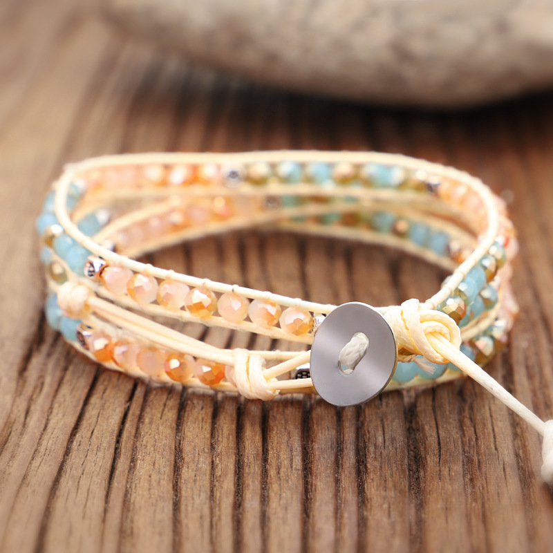 跨境新款多层缠绕手绳创意手工编织切面彩色电镀玻璃珠手链 现货