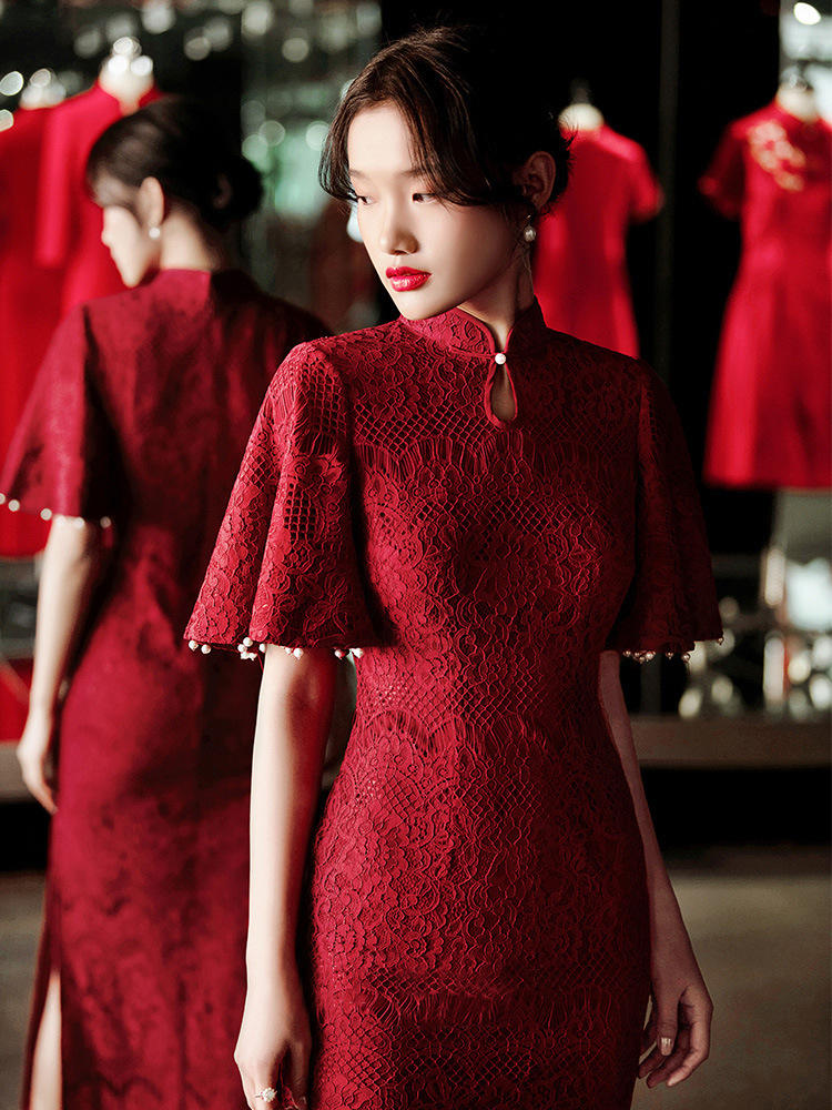 旗袍敬酒服中国红结婚新娘旗袍红色2022新款订婚礼服女