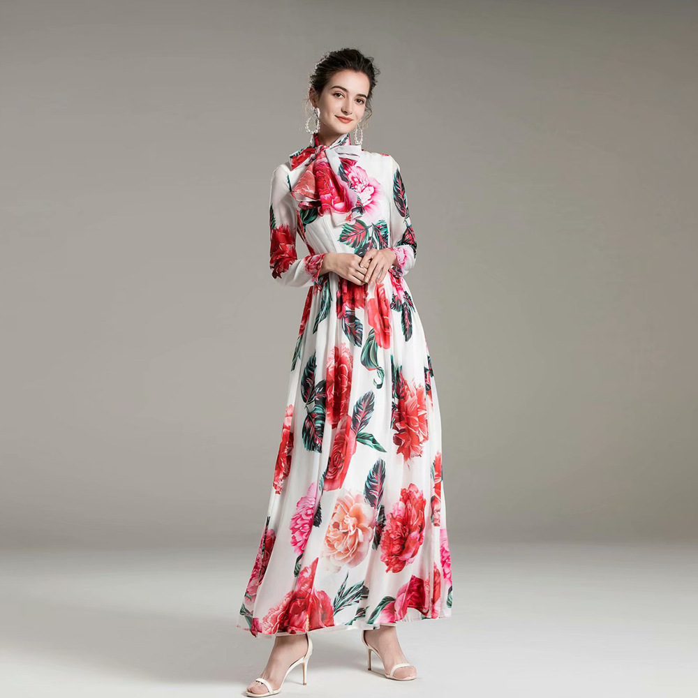 2021年春速卖通跨境女装货源牡丹花印花收腰大摆长裙连衣裙配丝巾