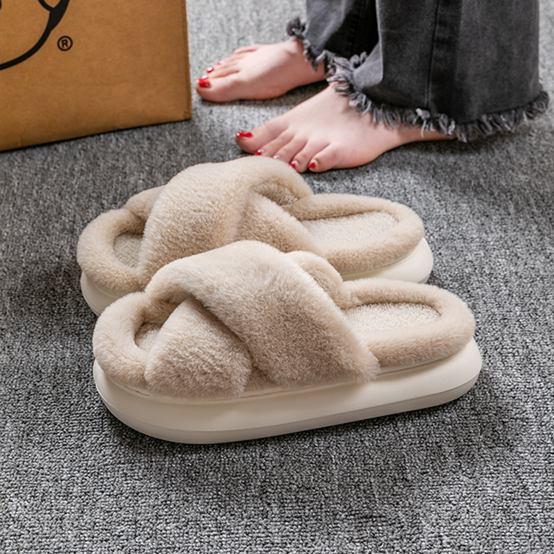 Fluffy Slippers Women's Fall and Winter Outer Wear Non-Slip Indoor Platform Home Furry Confinement Cotton Slippers Open Winter