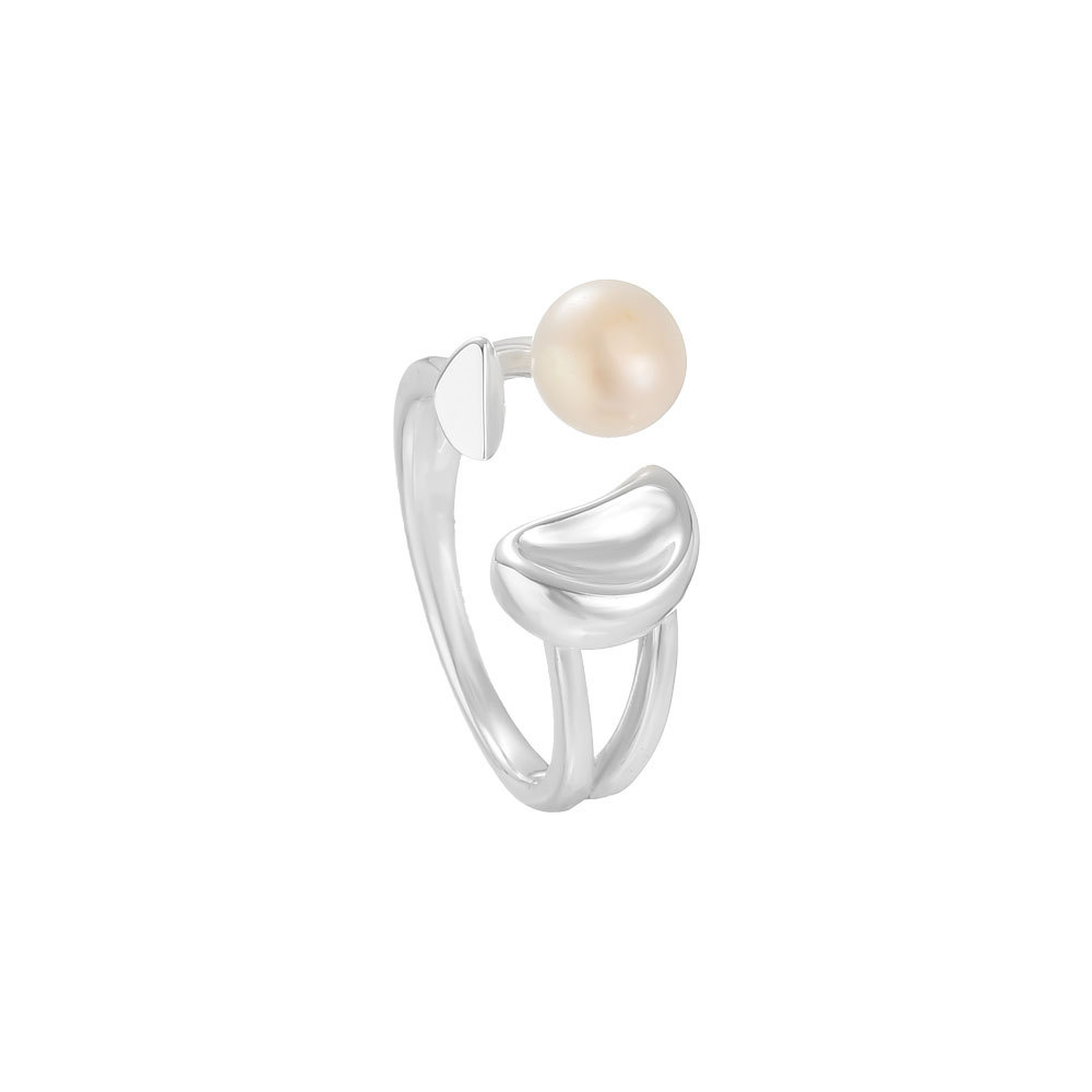 Electroplated Sterling Silver Natural Freshwater Pearl Ring European and American Niche Dual Layer Open-End Adjustable Geometric Index Finger Ring