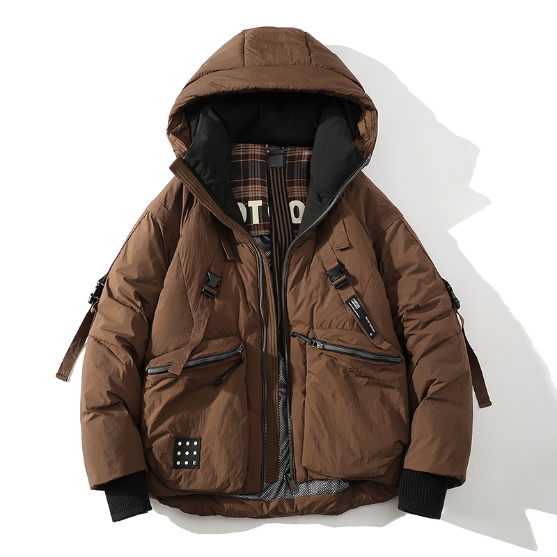 23冬装新款白底羽绒服港风潮牌ins宽松加厚保暖外套工装男女连帽