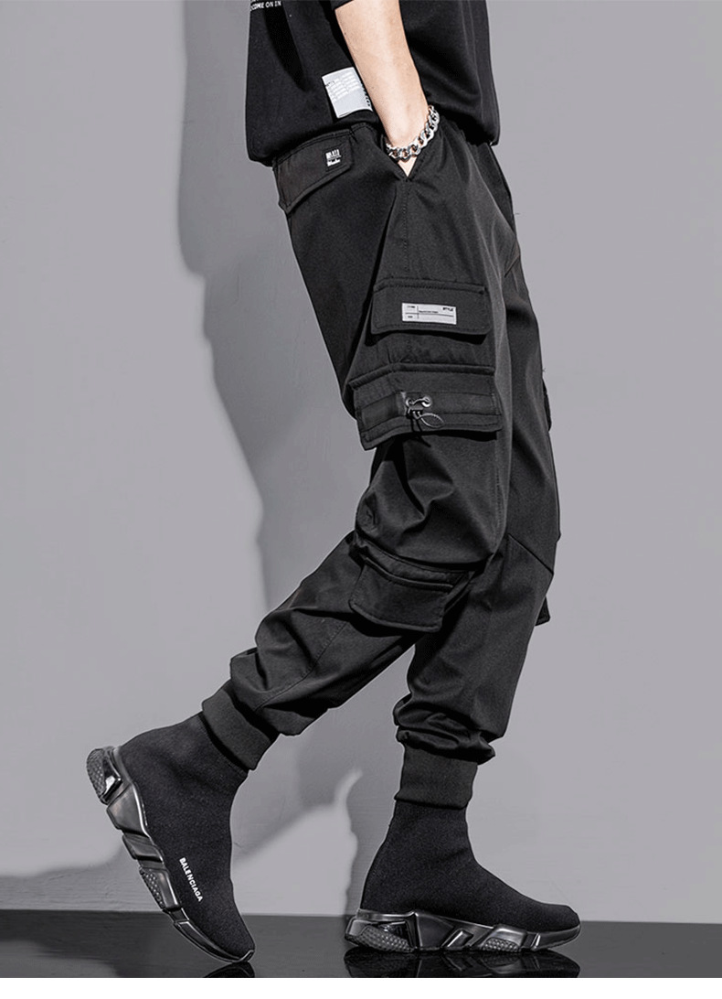 yoa春季新款工装裤男士潮牌宽松多袋嘻哈束脚裤ins运动潮流裤子男
