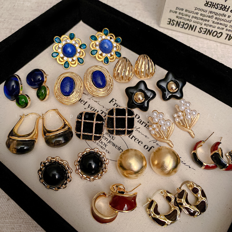 Silver Needle Mid-Ancient Vintage Diamond-Embedded Flower Pearl Earrings Palace Style Personalized Earrings Light Luxury High-Grade Earrings