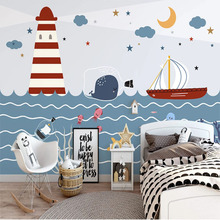 北欧手绘卡通灯塔海洋帆船壁纸儿童房卧室墙纸背景墙早教墙布壁画