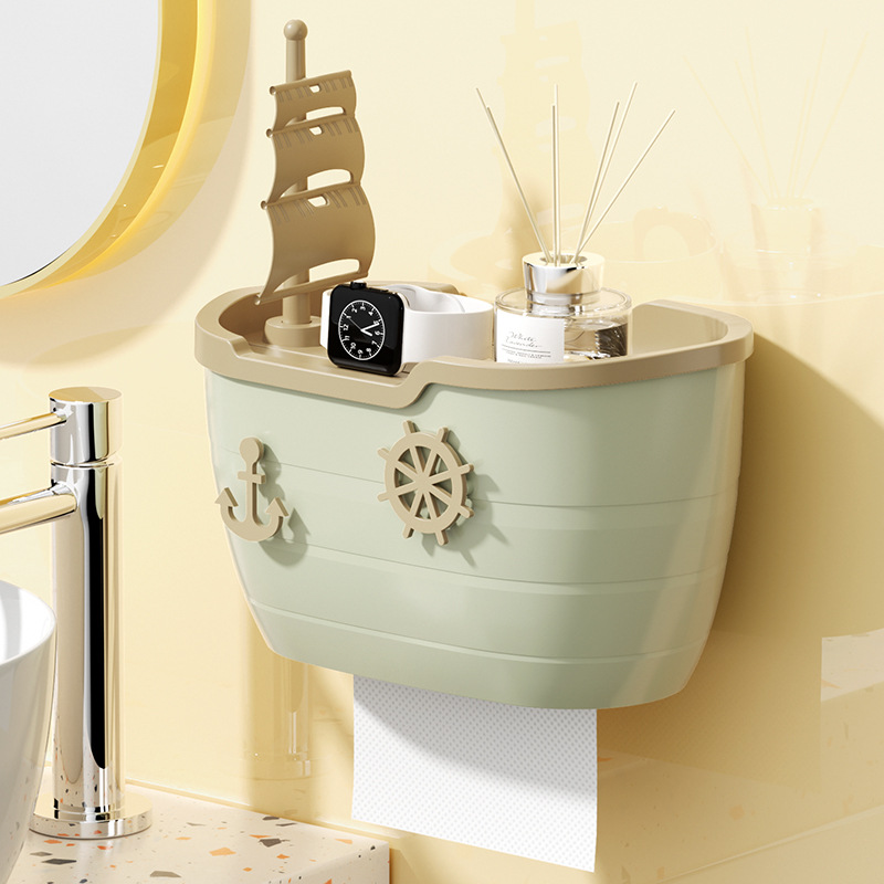 Boat Bathroom Wall-Mounted Tissue Box Waterproof Creative Toilet Paper Box Storage Tissue Box Toilet Roll Stand No Punch Frame