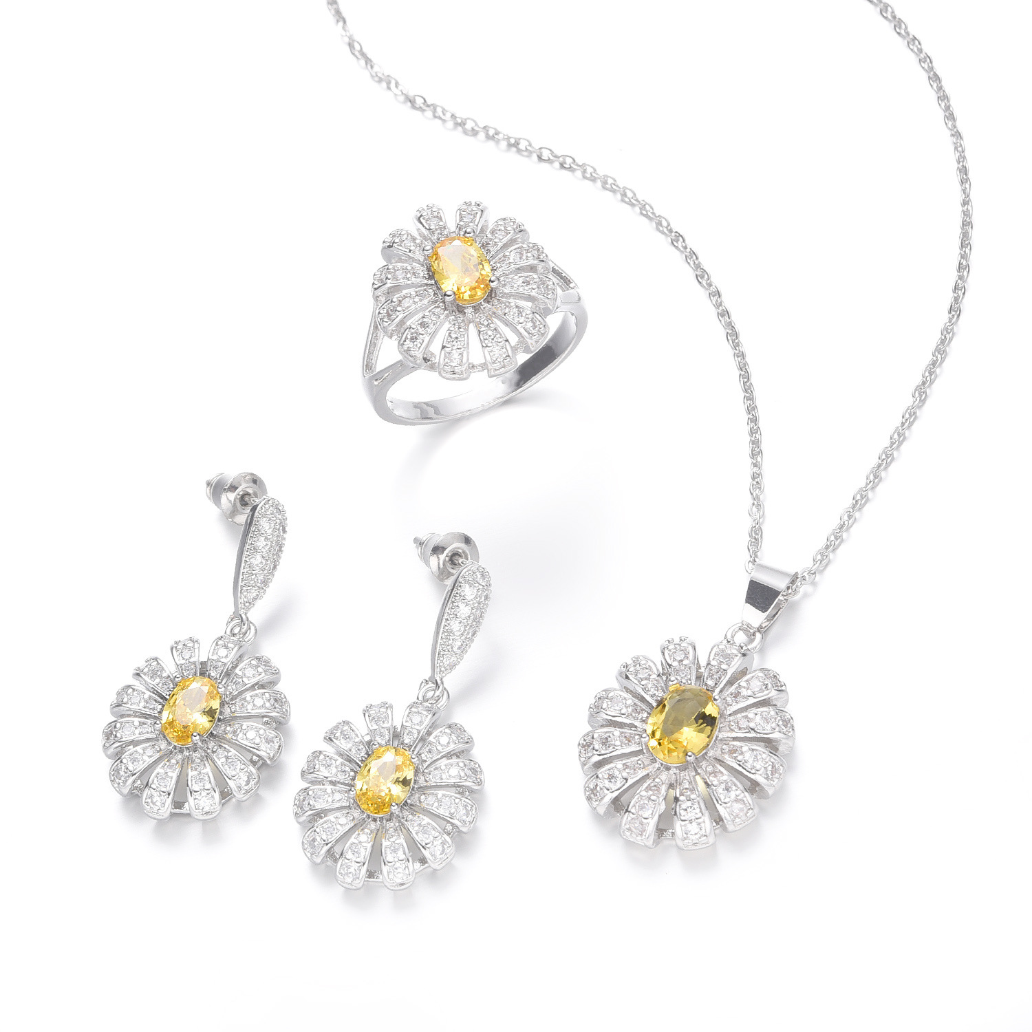 跨境平台热卖爆款锆石银针项链耳环戒指三件套太阳花花朵首饰套装