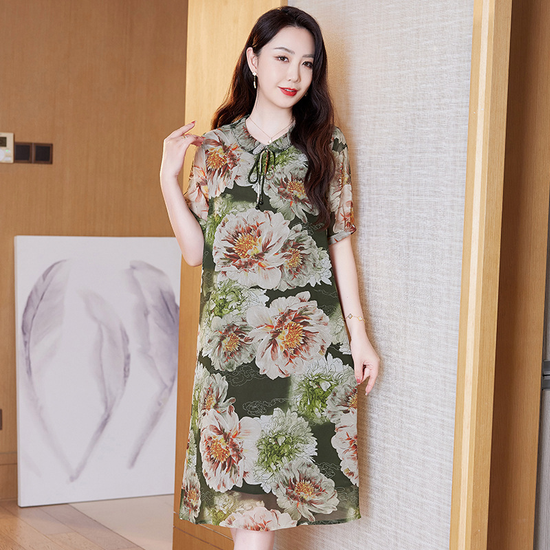 恒源祥中年妈妈夏装真丝连衣裙女宽松40岁50岁洋气印花桑蚕丝裙子