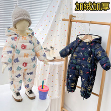 新款婴幼儿夹棉连体衣爬服花布冬季宝宝男童女童加绒保暖加厚棉服