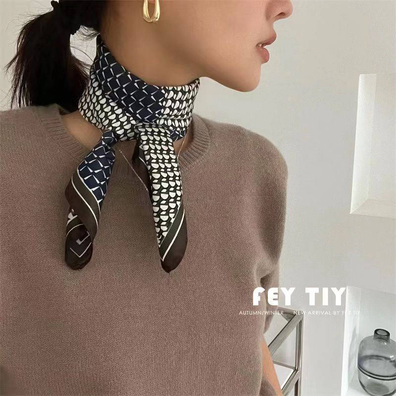 2023 New Silk-like Korean Style Printed Square Scarf Fashion Small Scarf Clavicle Decoration Small Scarf Female Hair Band Tied Bag