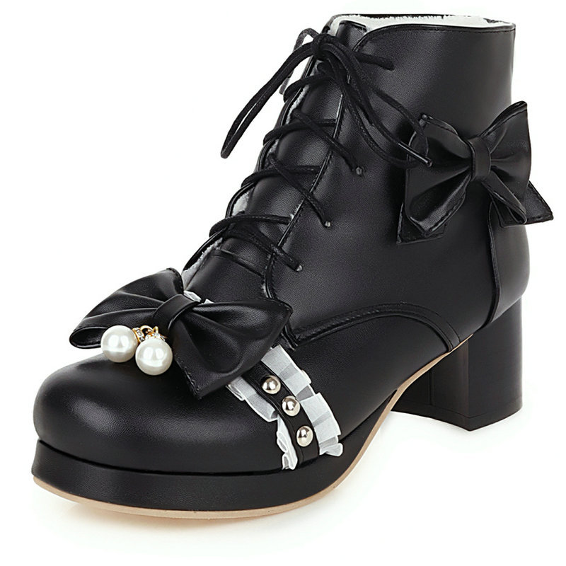 lo洛丽塔鞋蝴蝶结学生甜美粗跟洋装仙女大码短靴女及踝靴 f85