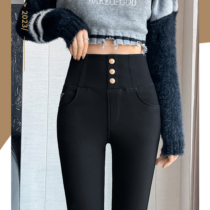 2023 Winter New Black Leggings Magic Pants Leggings Women's Pants Outer Wear Fleece-lined Thick Pencil Three-Button High Waist