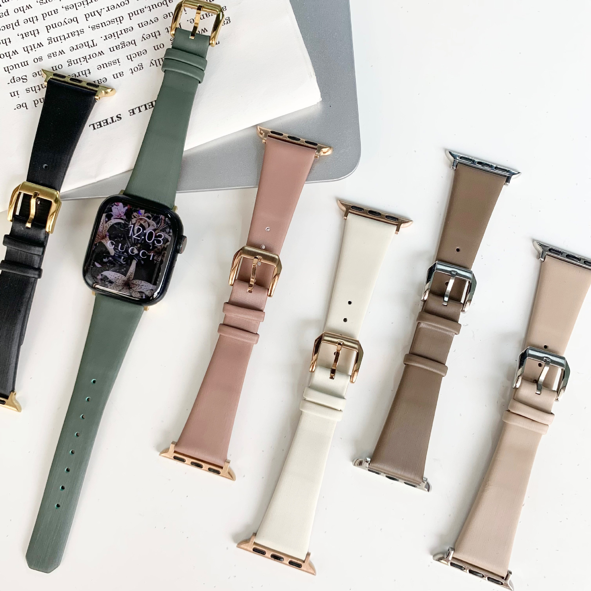 适用iwatch6/5/4/3/代表带小蛮腰se七代s8表带细款绢丝料皮质表带