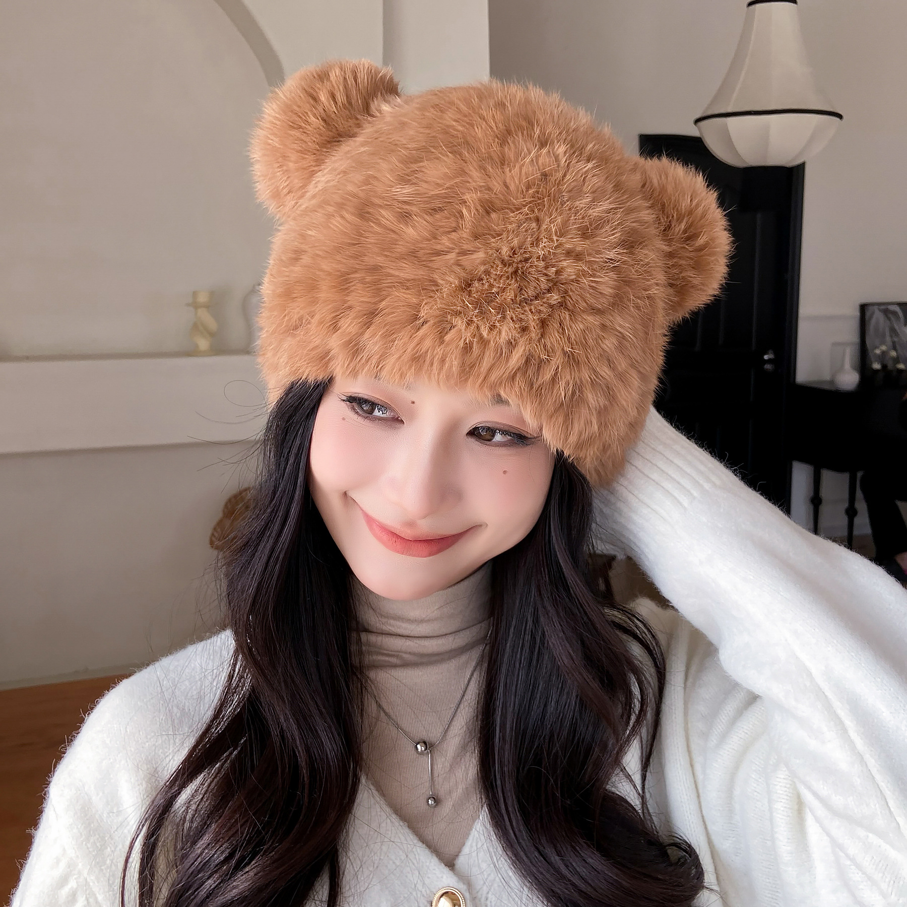 真兔毛帽子女秋冬季保暖护耳可爱小熊耳朵毛线包头毛绒皮草毛毛帽