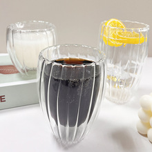 跨境条纹双层杯透明高硼硅牛奶饮料杯家用咖啡玻璃杯简约礼品水杯