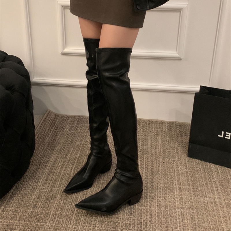 韩版2023新款尖头长靴漆皮中跟高筒靴不过膝长筒靴显瘦骑士靴女