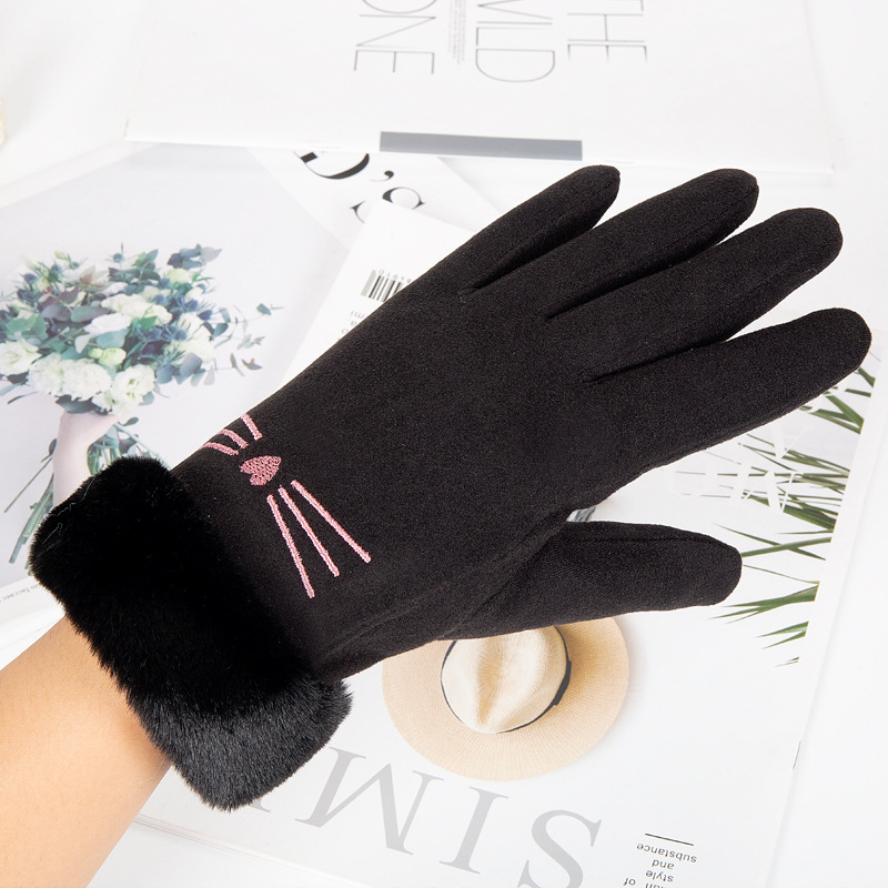 De Velvet Gloves Women's Warm Gloves Winter Fleece-lined Thickened Touch Screen Gloves Cute Fashion Korean Style Wool Mouth Gloves