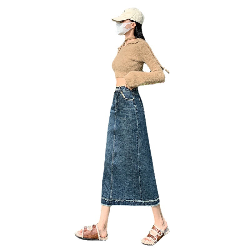 Hey + Jeans Split Denim Skirt for Women 2023 Spring New High Waist A- line Mid-Length Hip Skirt