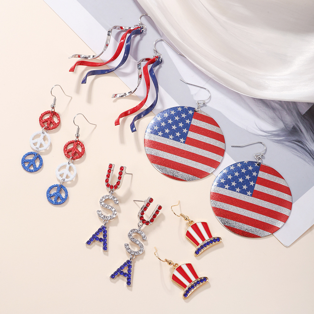 American Independence Day Diamond Usa Stud Earrings European and American Style round Peace Label Hat Color Earrings Cross-Border Earrings