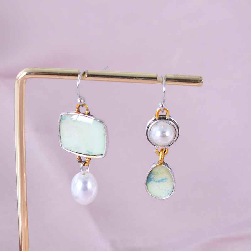 fashion new handmade sapphire agate and freshwater pearl earrings asymmetric oxidation ancient silver earrings