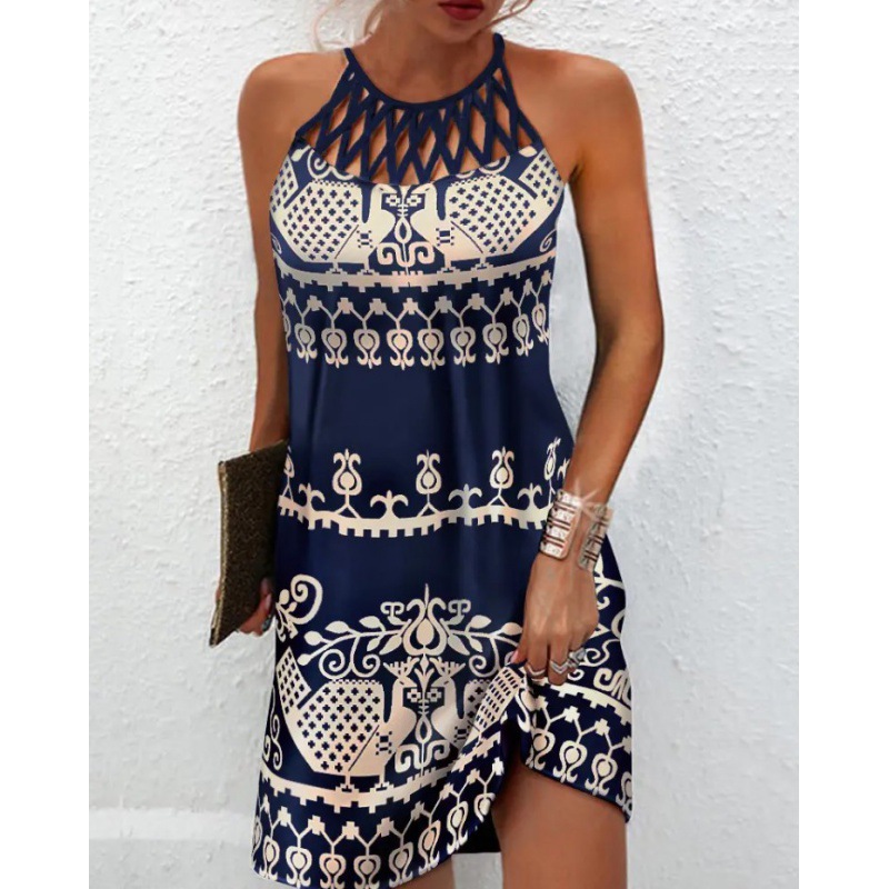 Cross-Border New Arrival Women's European and American Summer round Neck Hollow-out Collar Slim Sleeveless Halter Printed Dress 2022