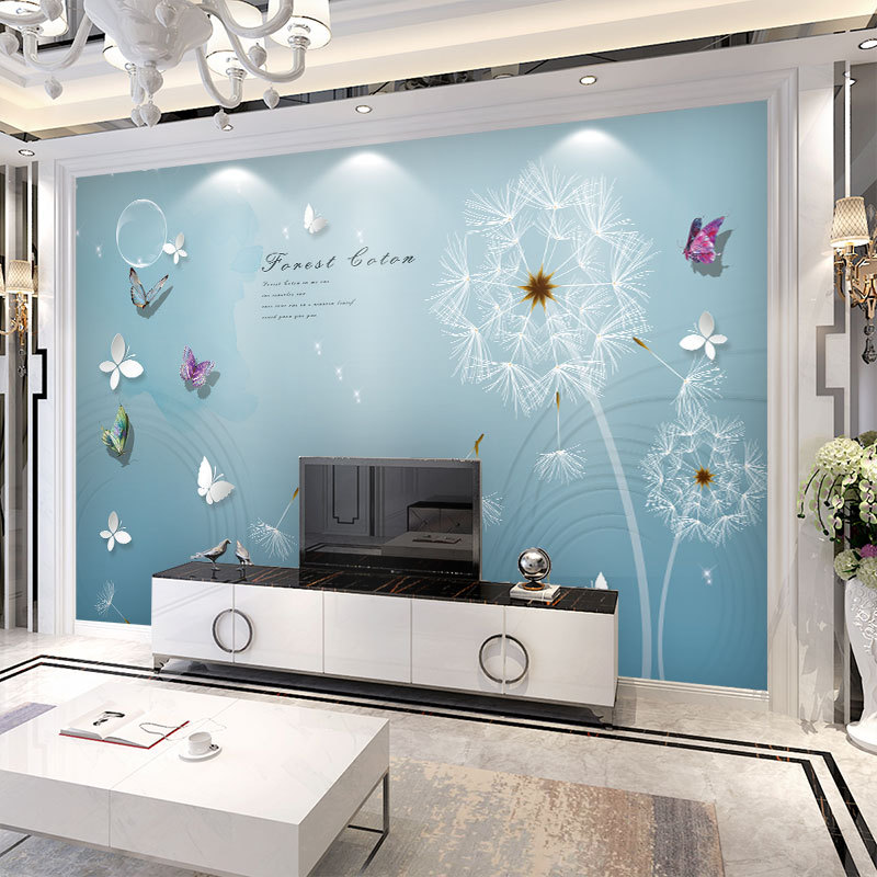 8d小清新蓝色蒲公英背景墙纸5d现代简约客厅影视电视背景墙布壁纸