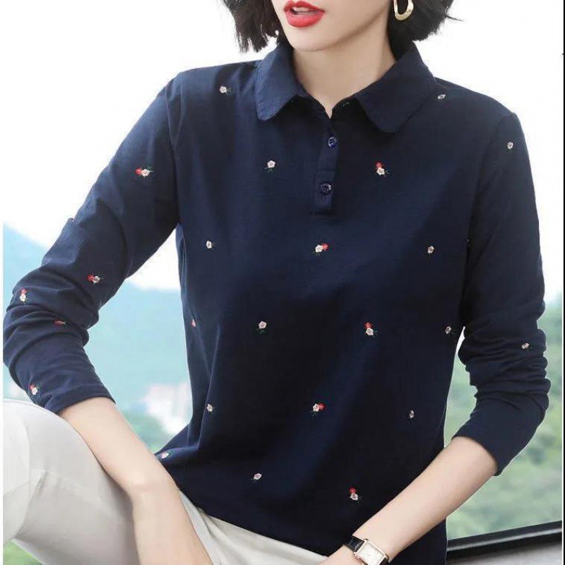 Women's Spring Clothing Fashion Cotton Long Sleeve Women's Long Sleeve Undershirt Autumn New Mother's Clothes Belly Covering Lapel Polo Shirt T-shirt