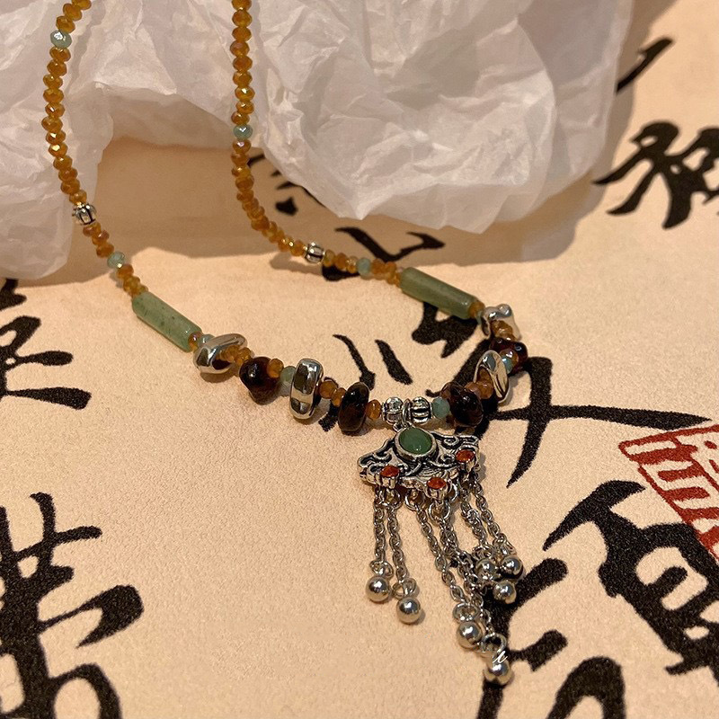 New Chinese Ethnic Style Tassel Lock of Good Wishes Tibetan Beaded Necklace Vintage Clavicle Chain Female Niche High Sense Necklace