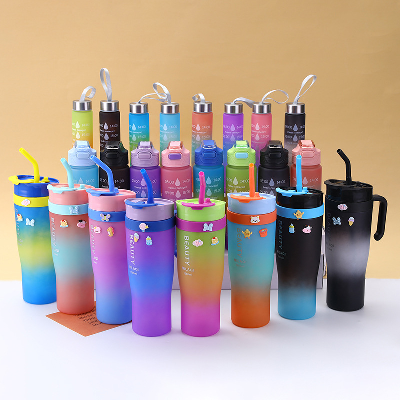 New Three-Piece Set Frosted Transparent Plastic Cup Gradient Color Portable Straw Straight Drink Cup Large Capacity Handle Cup