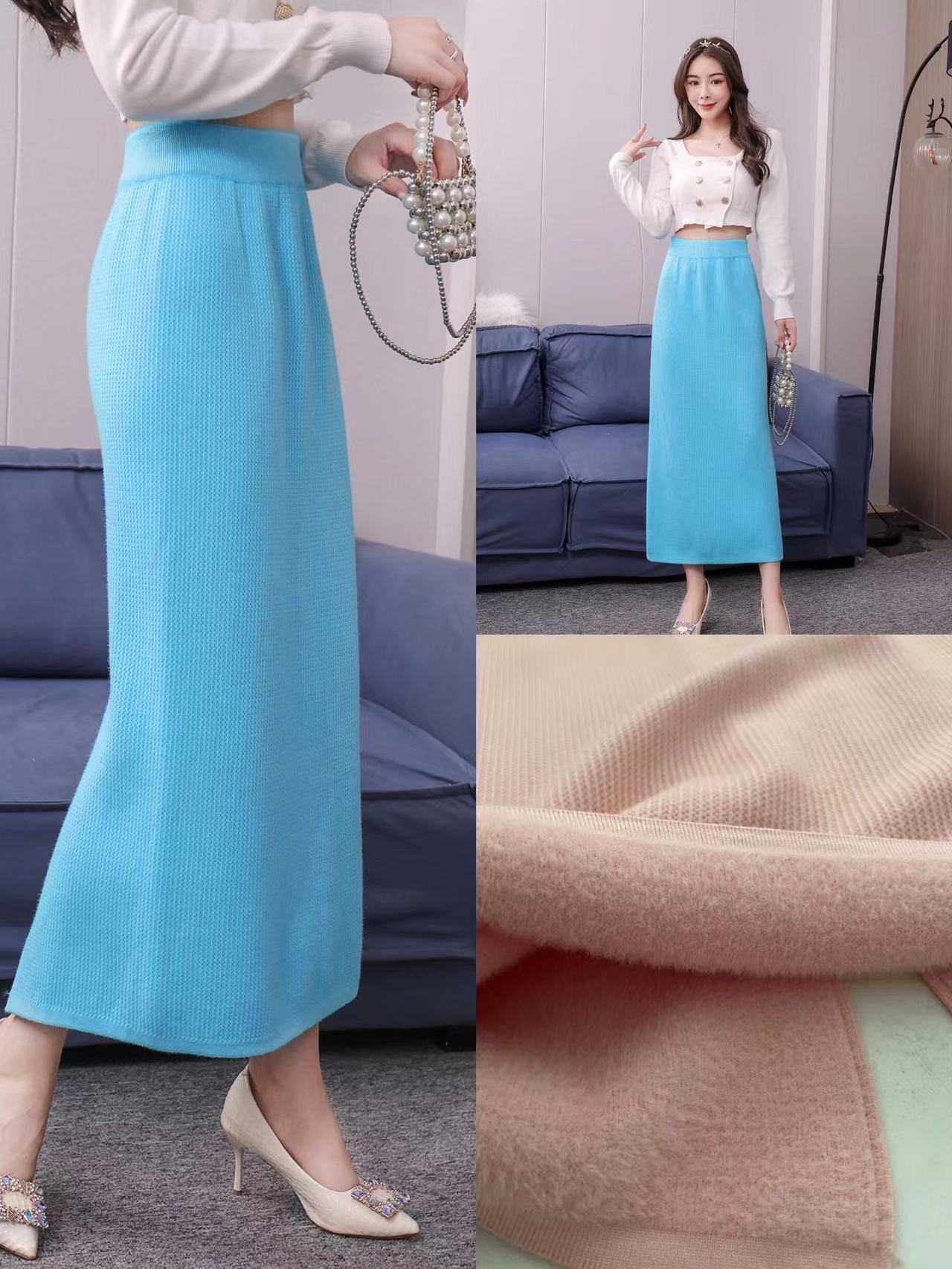 秋冬季学院风保暖加绒针织半身裙中长款高腰毛线后开叉直筒一步裙