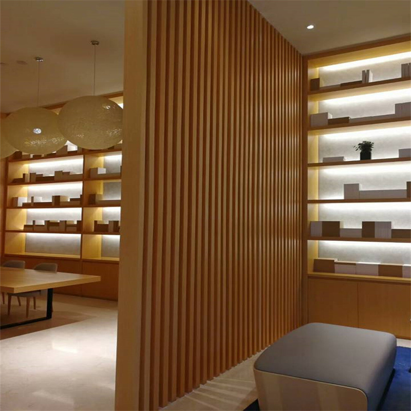 茶器展览馆中间木纹铝管屏风咖啡厅咖色铝方通幕墙阁楼铝方通格栅