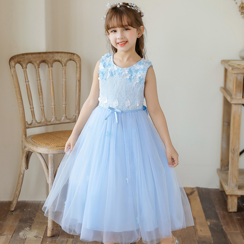 女童公主裙演出服中小童蓝色品牌婚礼礼服幼儿园表演服装儿童裙