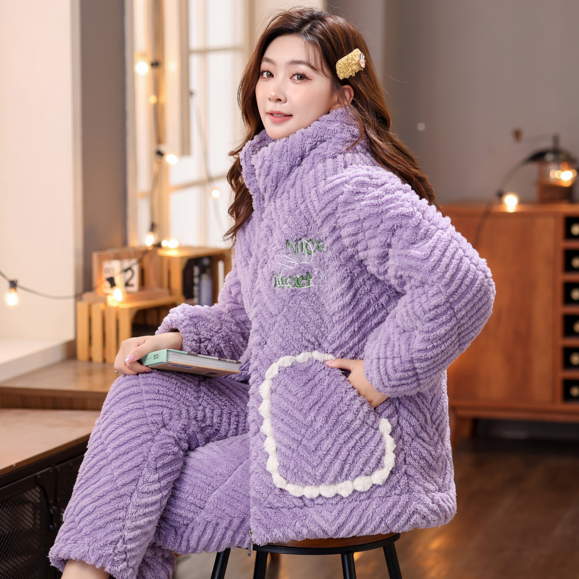 三层夹棉睡衣女士珊瑚绒冬季加绒加厚拉链超厚立领保暖家居服套装