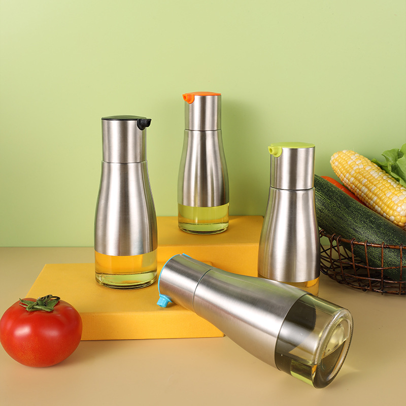 Creative Stainless Steel Oil Pot Household Automatic Opening and Closing Gravity Glass Oil Bottle Non-Hanging Oil Leak-Proof Soy Sauce Vinegar Seasoning Bottle