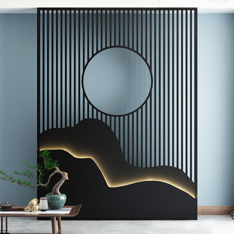 现代简约创意铁艺屏风隔断墙家居北欧镂空玄关装饰架客带灯背景墙