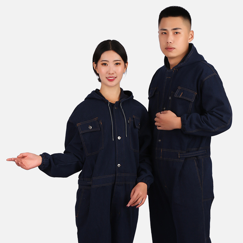 牛仔连体服连体连帽工作服加厚车间工厂汽修电焊喷漆男连体服工装