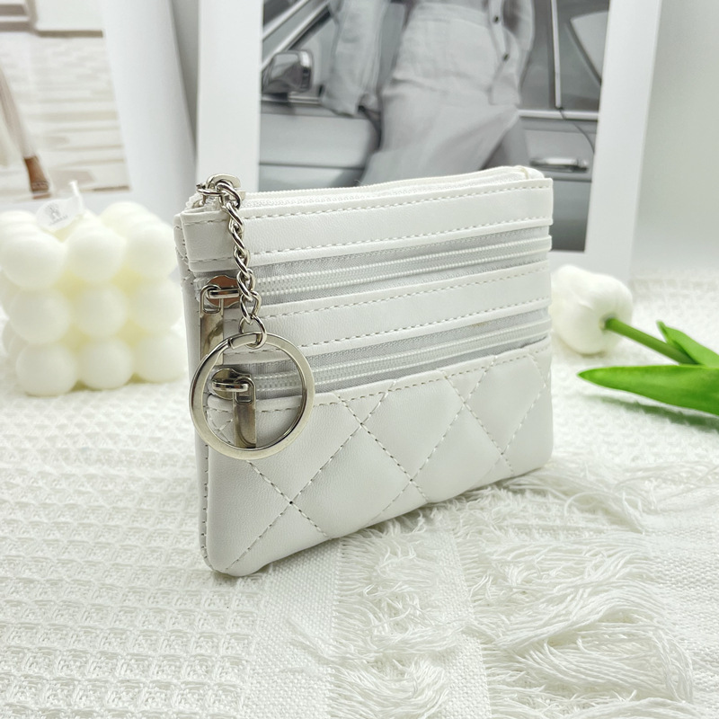 Women's Double Zipper Coin Purse Key Ring Multiple Card Slots Small Bag Rhombic Embroidery Thread Wallet Korean Mini Clutch