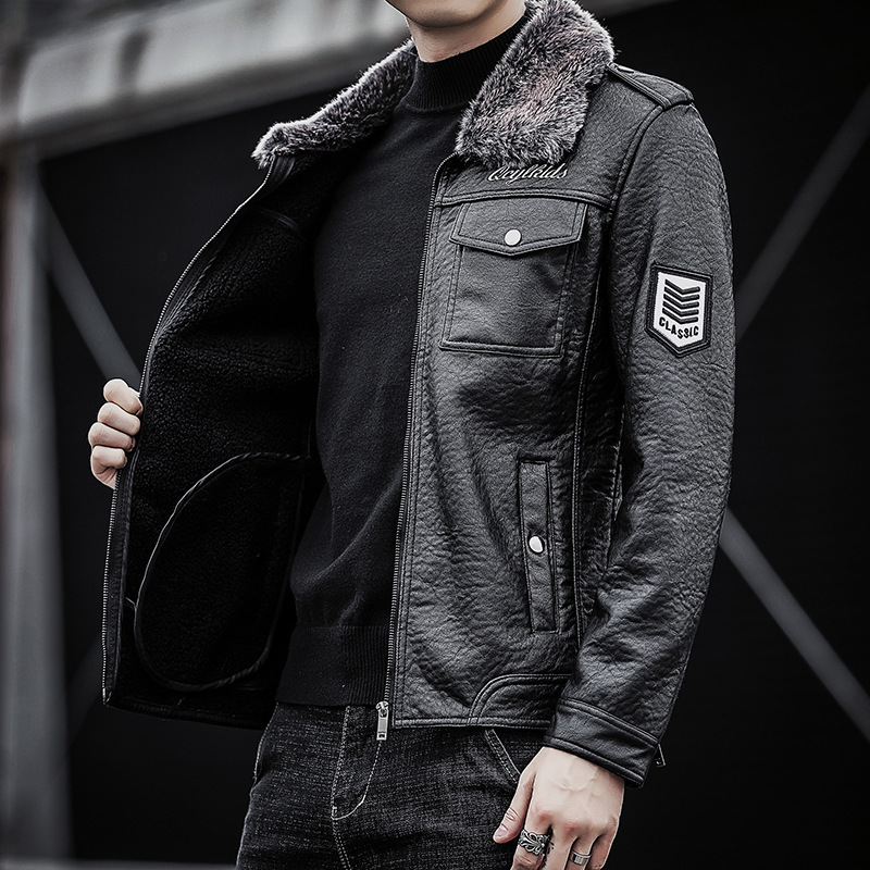皮衣男士韩版帅气复古秋冬季皮毛一体夹克外套潮流休闲加绒机车服