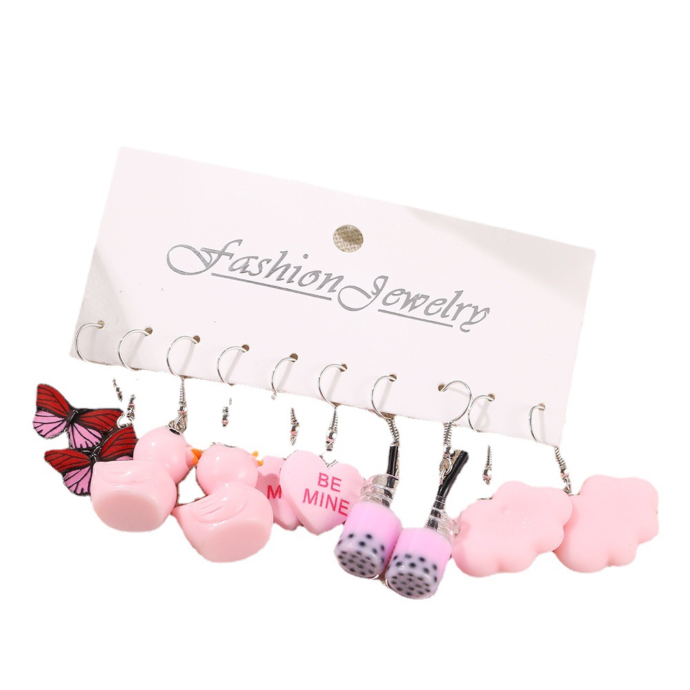 Cross-Border Eccentric Personality Pink Duck Butterfly Earrings Creative Acrylic Clouds Peach Heart Stud Earring Suit 5 Pairs