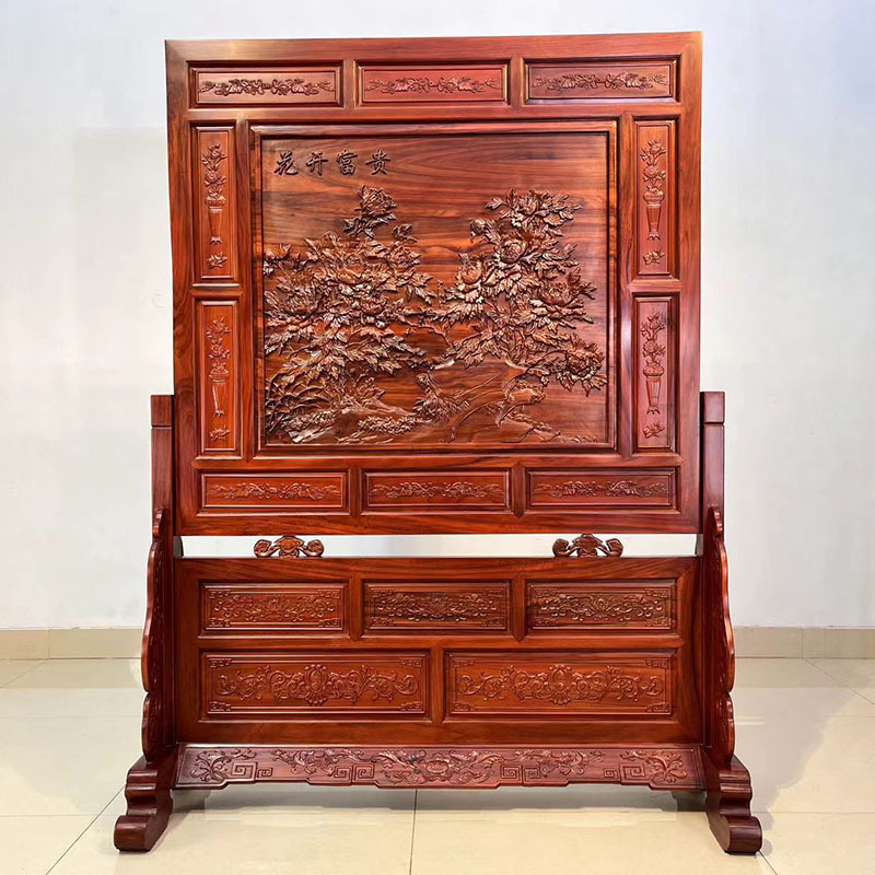 插屏屏风 安哥拉紫檀红木屏风148厘米实木中式高棉花梨隔断双面雕