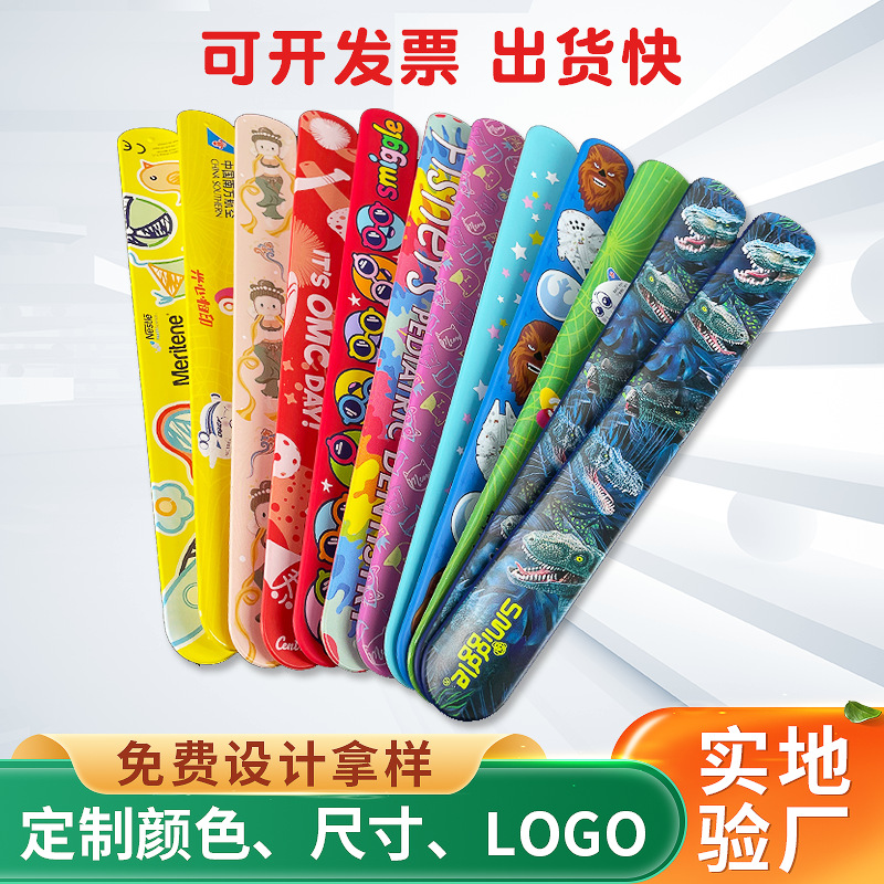 Printed Logo Children's Cartoon Slap Band Silicone Gel Slap Wristband Bracelet in Stock Wholesale Solid Color Pat Tape