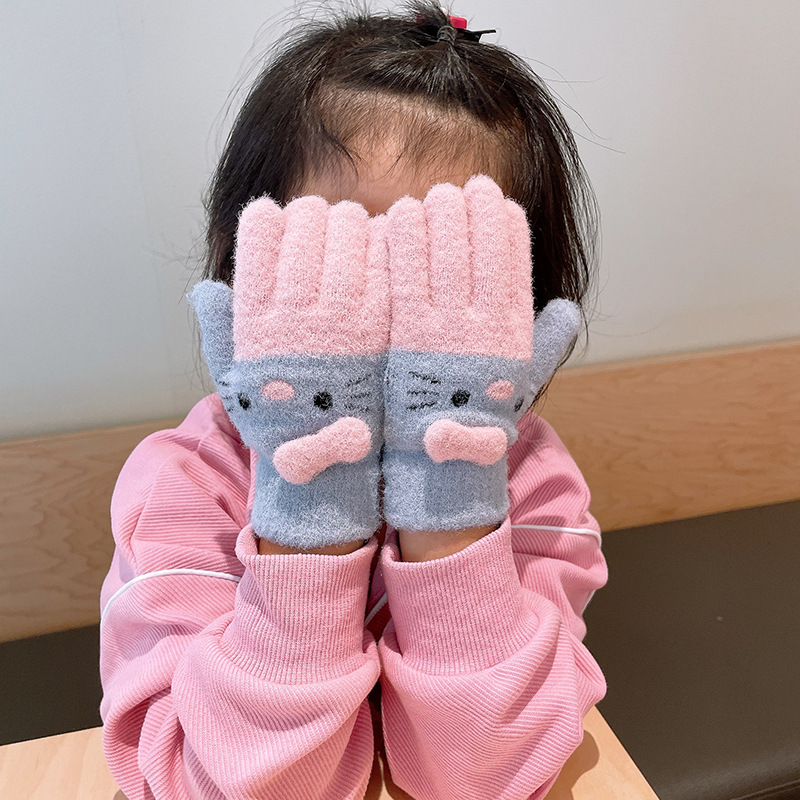 Children's Knitted Crystal Velvet Warm Gloves Cute Cat Heart Five-Finger Little Girl Writing Cold-Proof Gloves 5-10