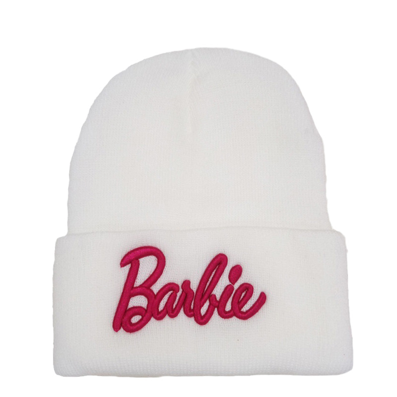 New Autumn and Winter Warm Wool Hat Barbie Three-Dimensional Embroidery Knitted Hat Cute Barbie Pink Pullover Hat Ski Cap