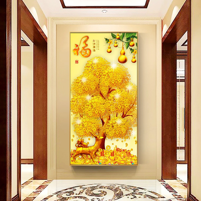 玄关竖版发财树装饰画走廊过道壁画大气招财进宝摇钱树挂画寓意好